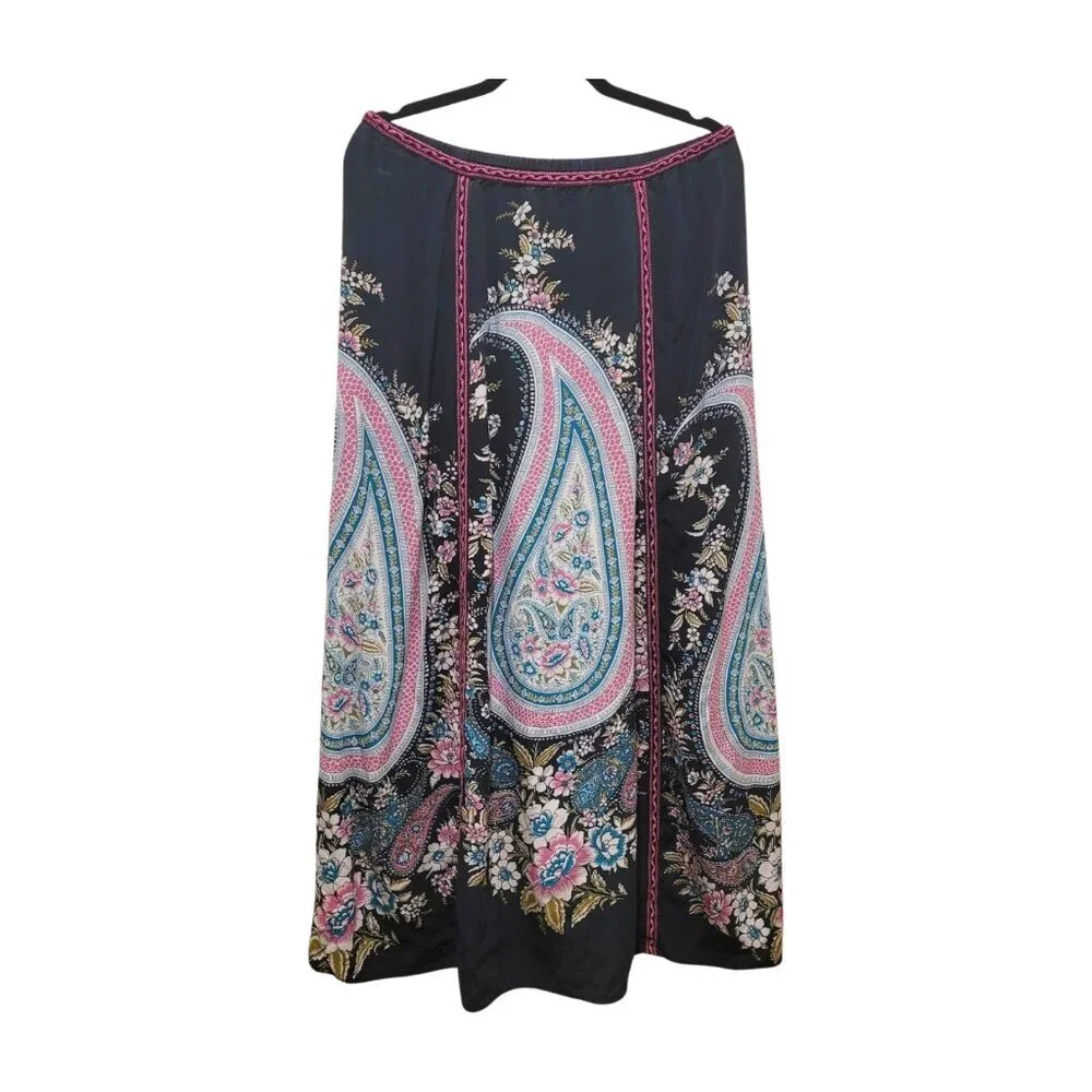 Calypso St. Barth Paisley Printed Silk Maxi Corded Skirt Nogi M Medium Navy Pink - Picture 3 of 8